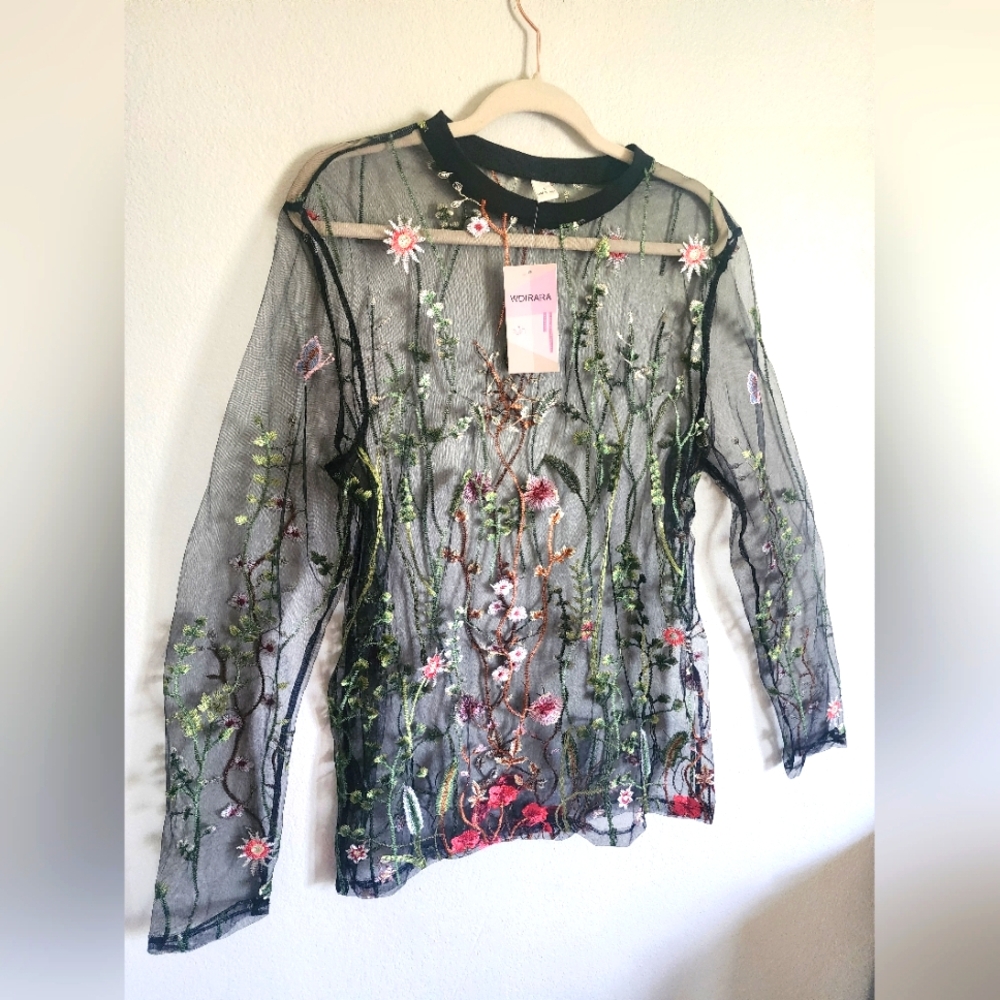 NWT "WDIRARA" Black Mesh Floral Embroidered Long Sleeve Top, Size Large
